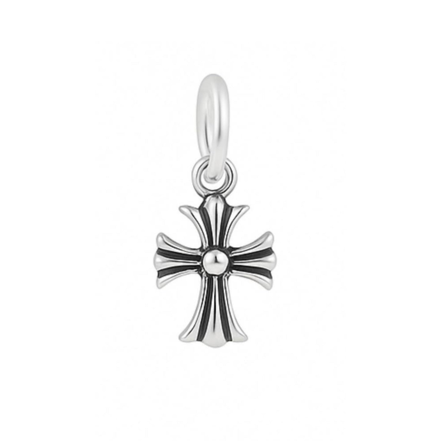 Silver-tone cross pendant with fleur-de-lis style centerpiece and hanging loop