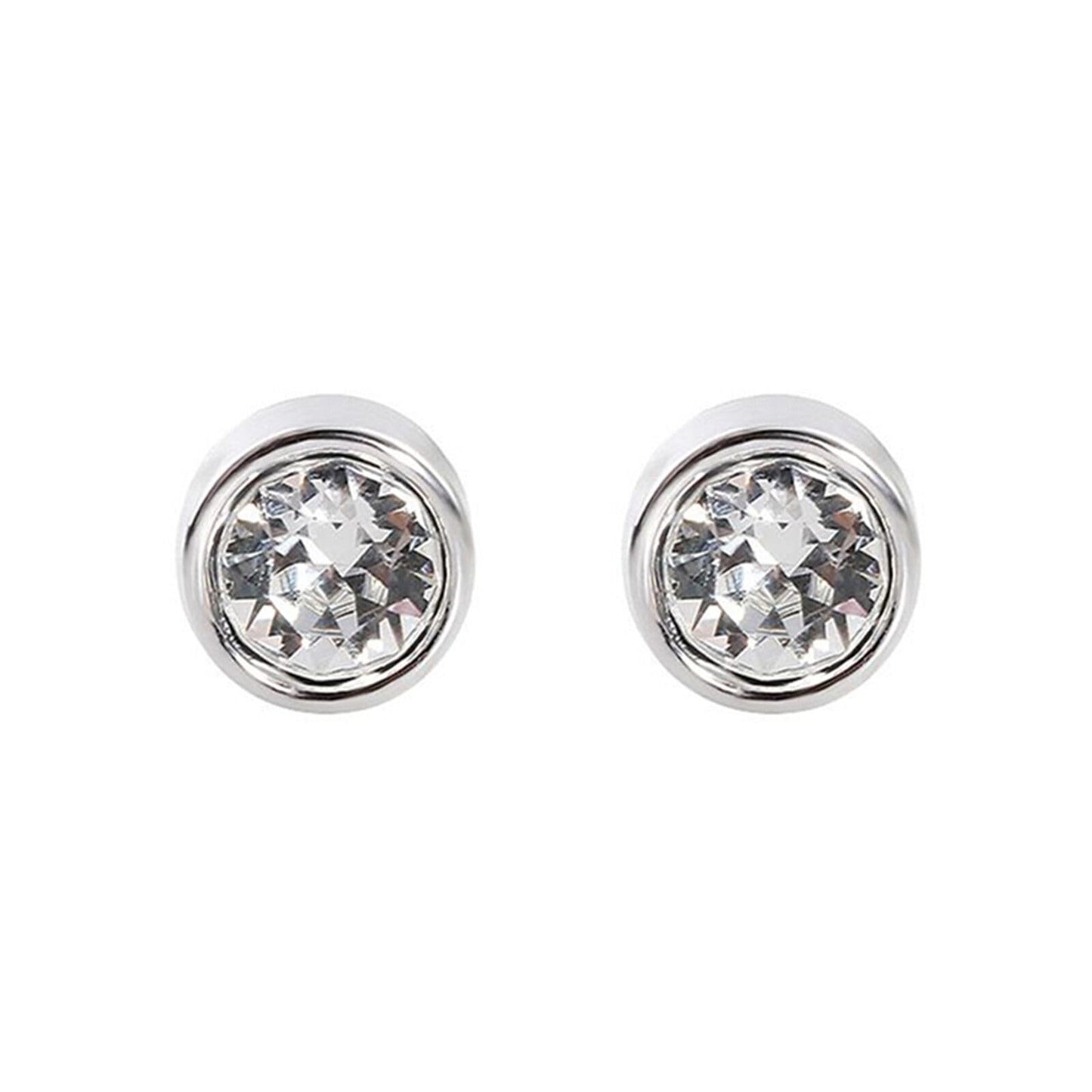 Round clear solitaire stud earrings with bezel setting and silver-tone metal posts