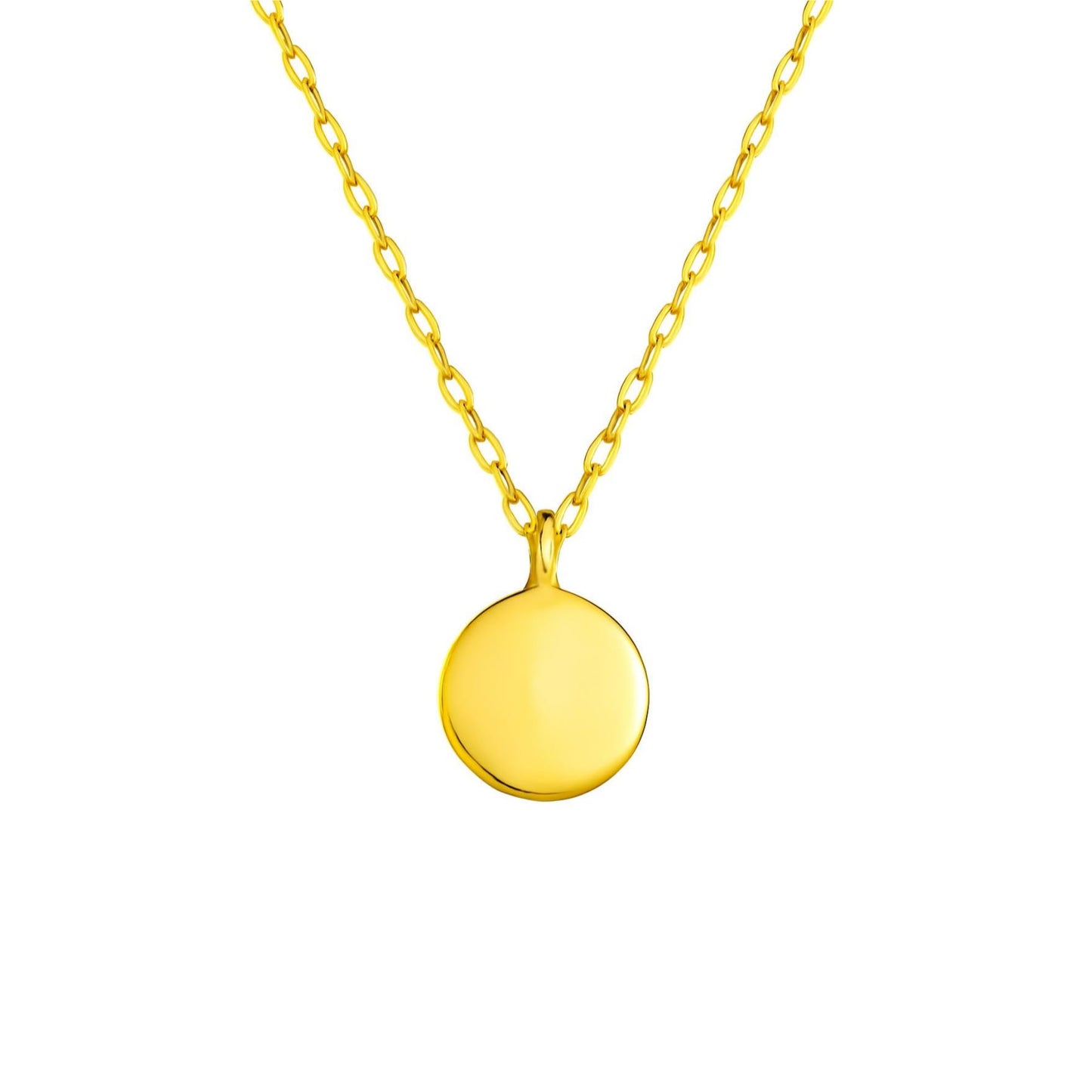 Gold disc necklace with circular pendant, short chain links and polished disc
