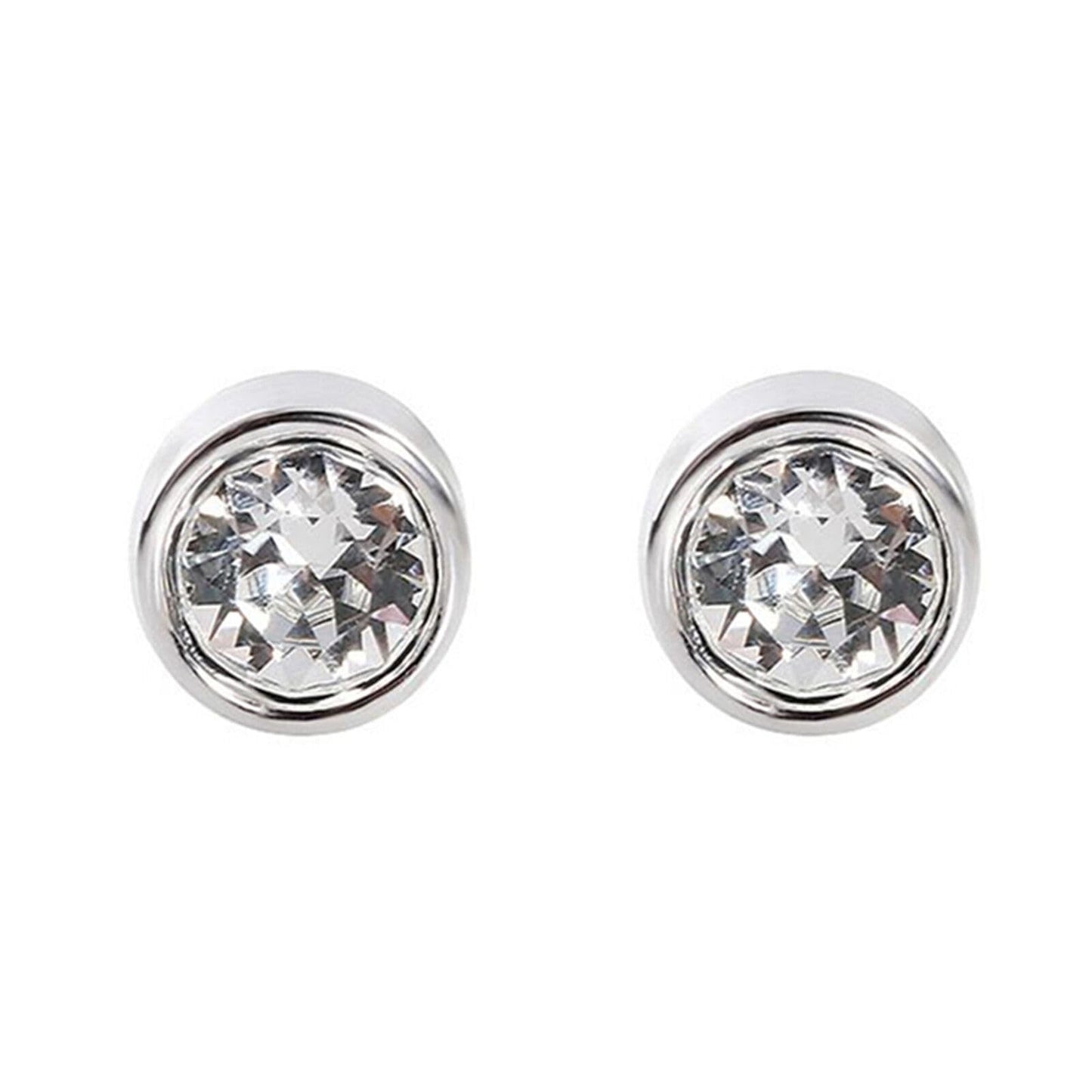 Round clear solitaire stud earrings with shiny bezel setting and silver-tone metal posts