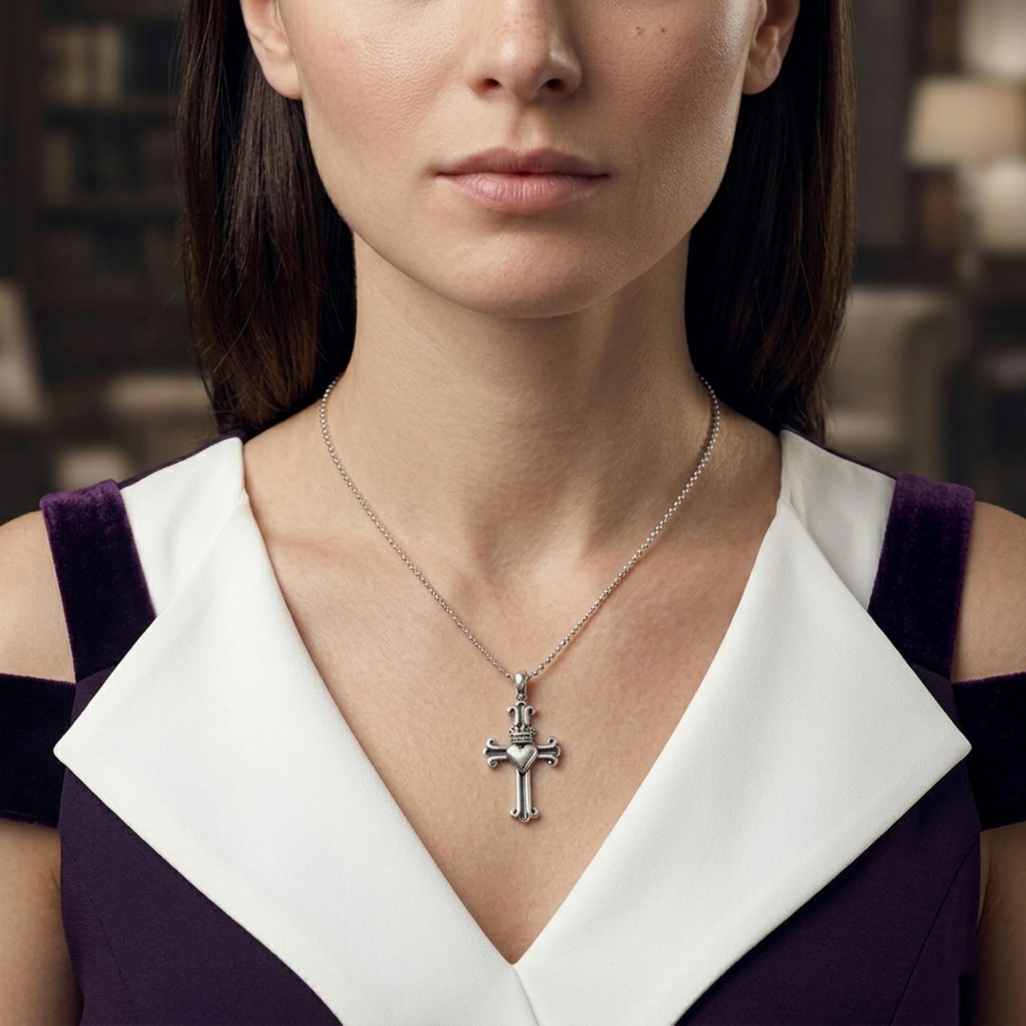 Small silver cross pendant with heart center and crown details on a necklace chain