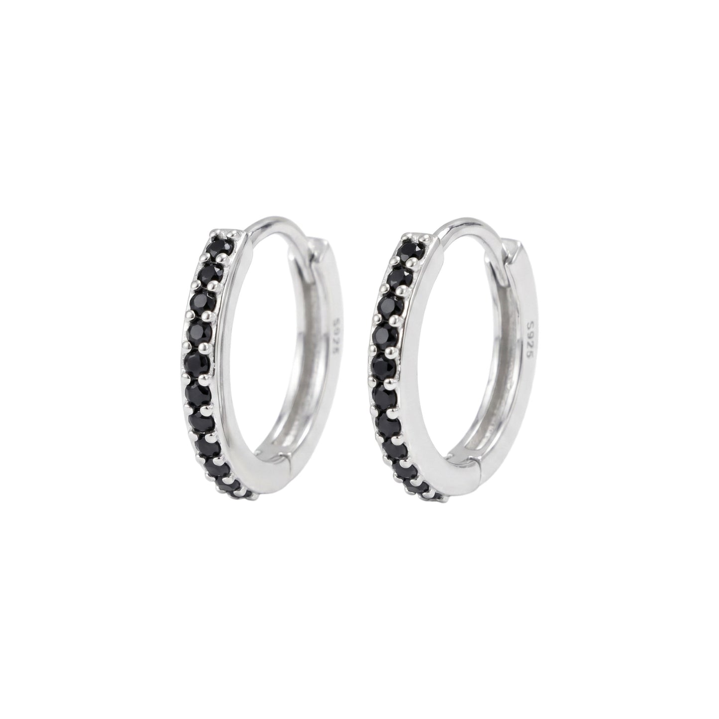Silver huggie hoop earrings with black pavé stone band