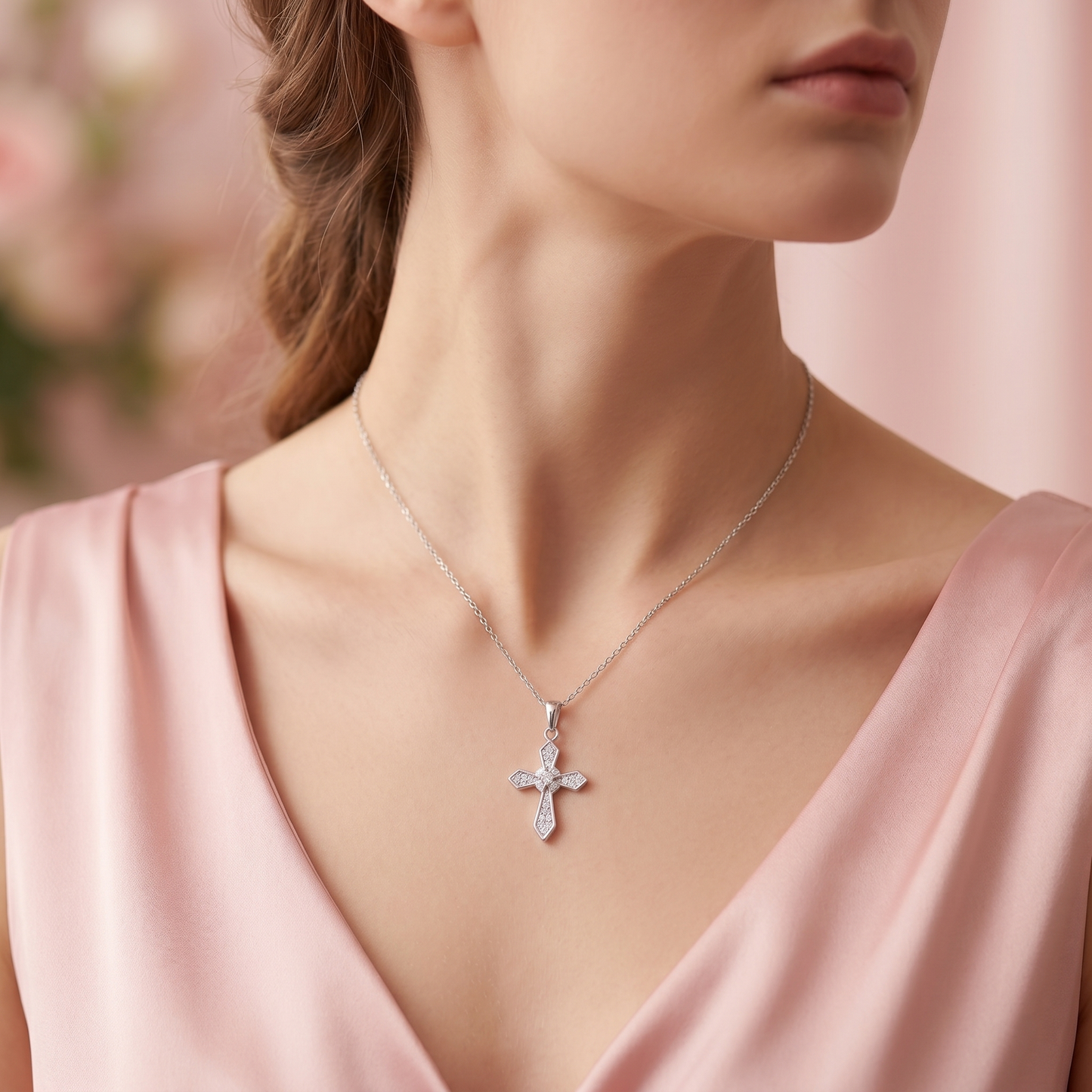 CZ cross necklace worn on a model, silver-tone chain with cross pendant