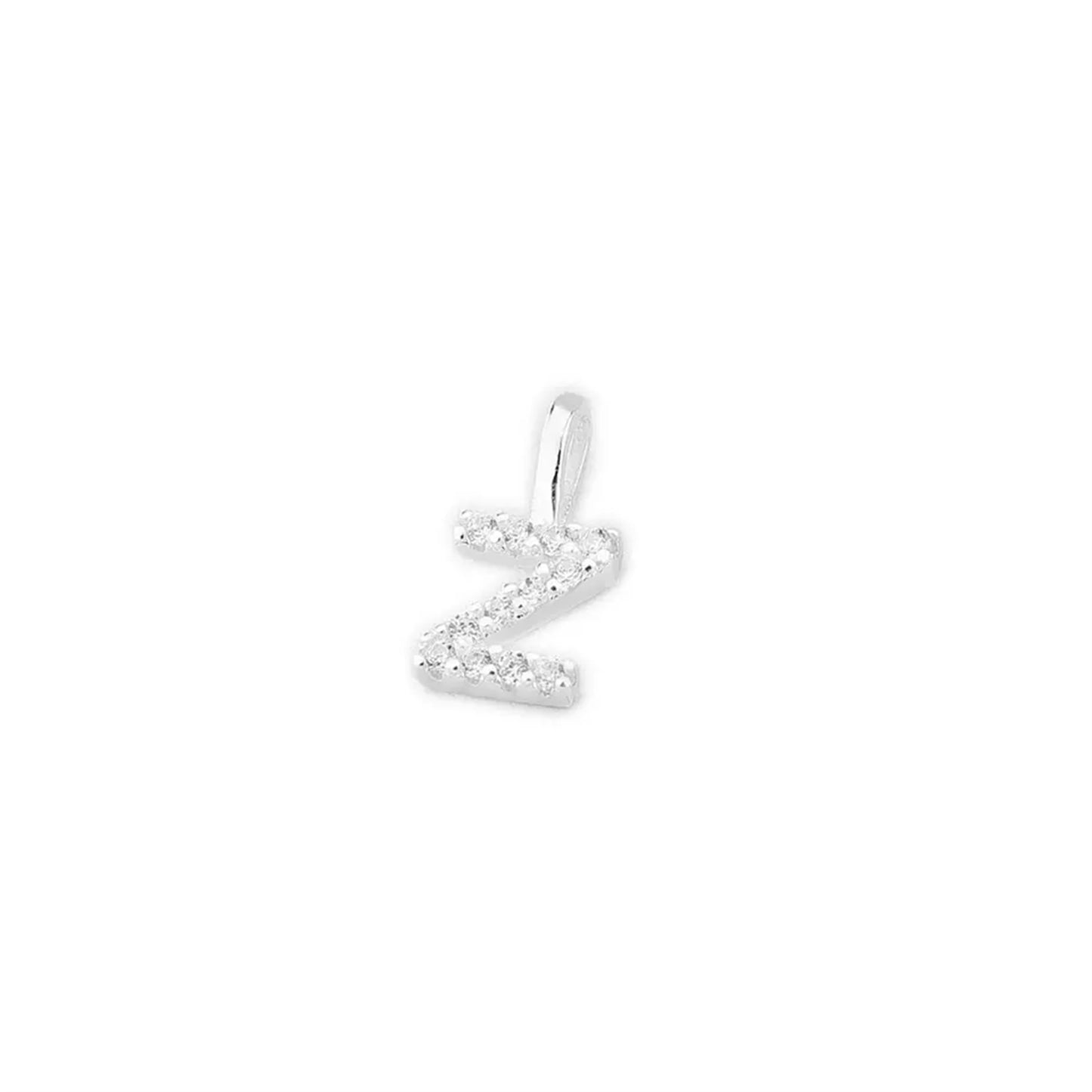 Mini letter charm pendant with pavé rhinestones, silver-tone side profile