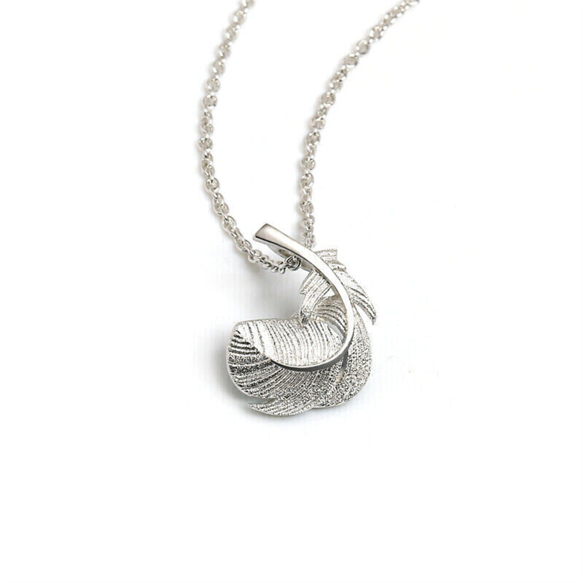 Sterling Silver Puffy Concave Feather Angel Wing Leaf Necklace Boxed - sugarkittenlondon