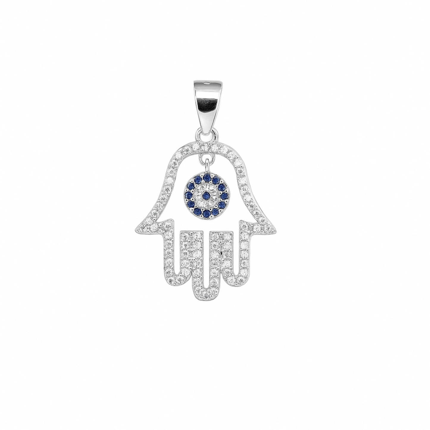 Sterling Silver Hollow Blue Paved CZ Evil Eye Hamsa Hand of Fatima Pendant