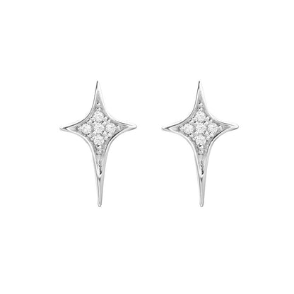Rhodium on Sterling Silver Shiny 4 Point Pole Star Cross CZ Stud Piercing Earrings - sugarkittenlondon