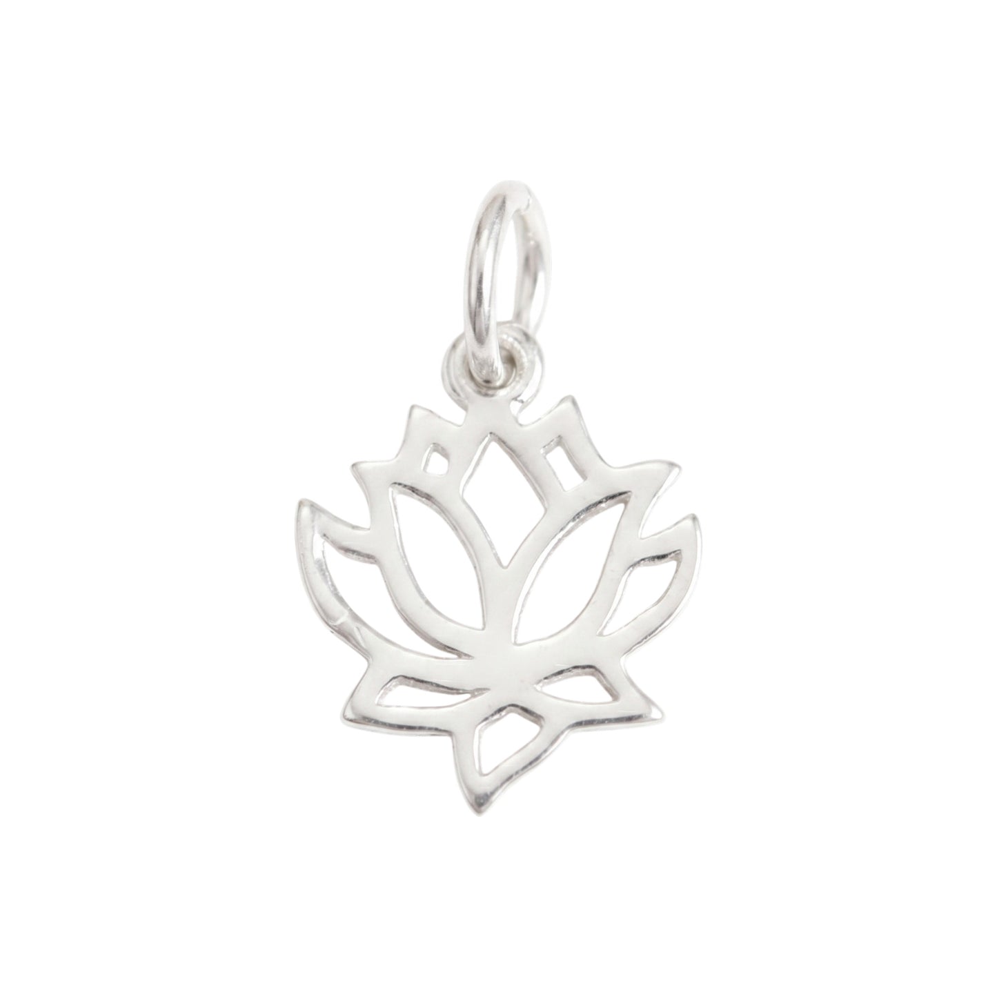Filigree lotus charm pendant with top loop bail and petal cutout design, silver-tone