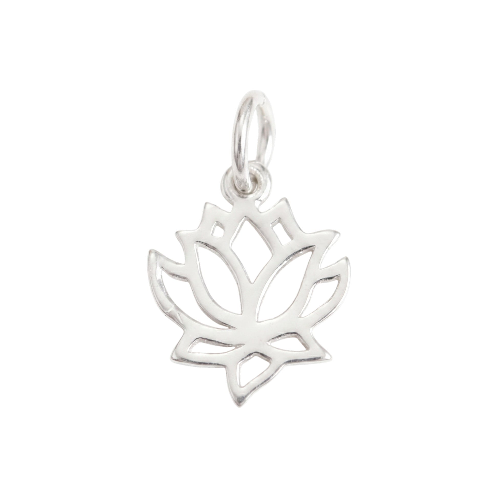 Filigree lotus charm pendant with top loop bail and petal cutout design, silver-tone