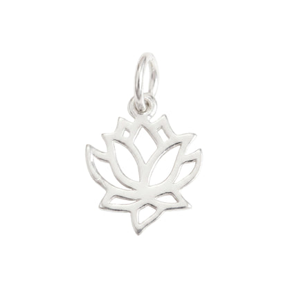 Filigree lotus charm pendant with top loop bail and petal cutout design, silver-tone
