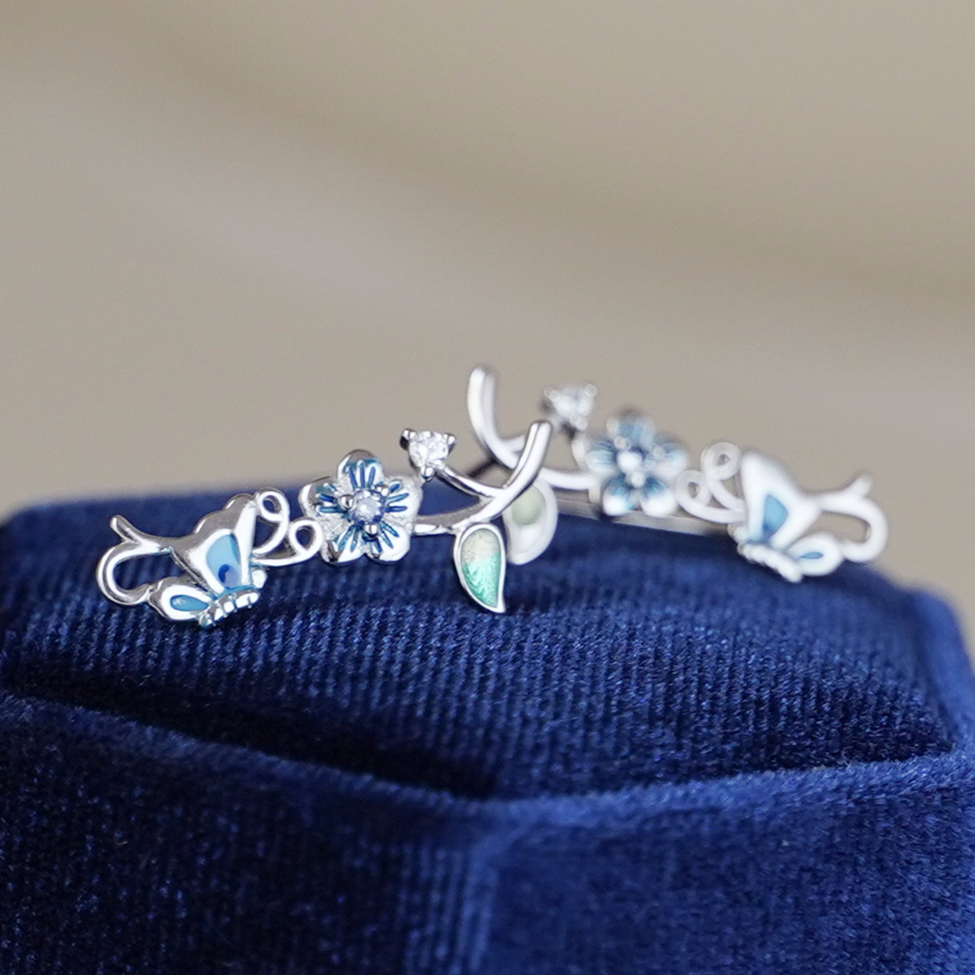 Stunning Sterling Silver Blue Enamel Butterfly Cuff Climber Crawler Earrings - sugarkittenlondon