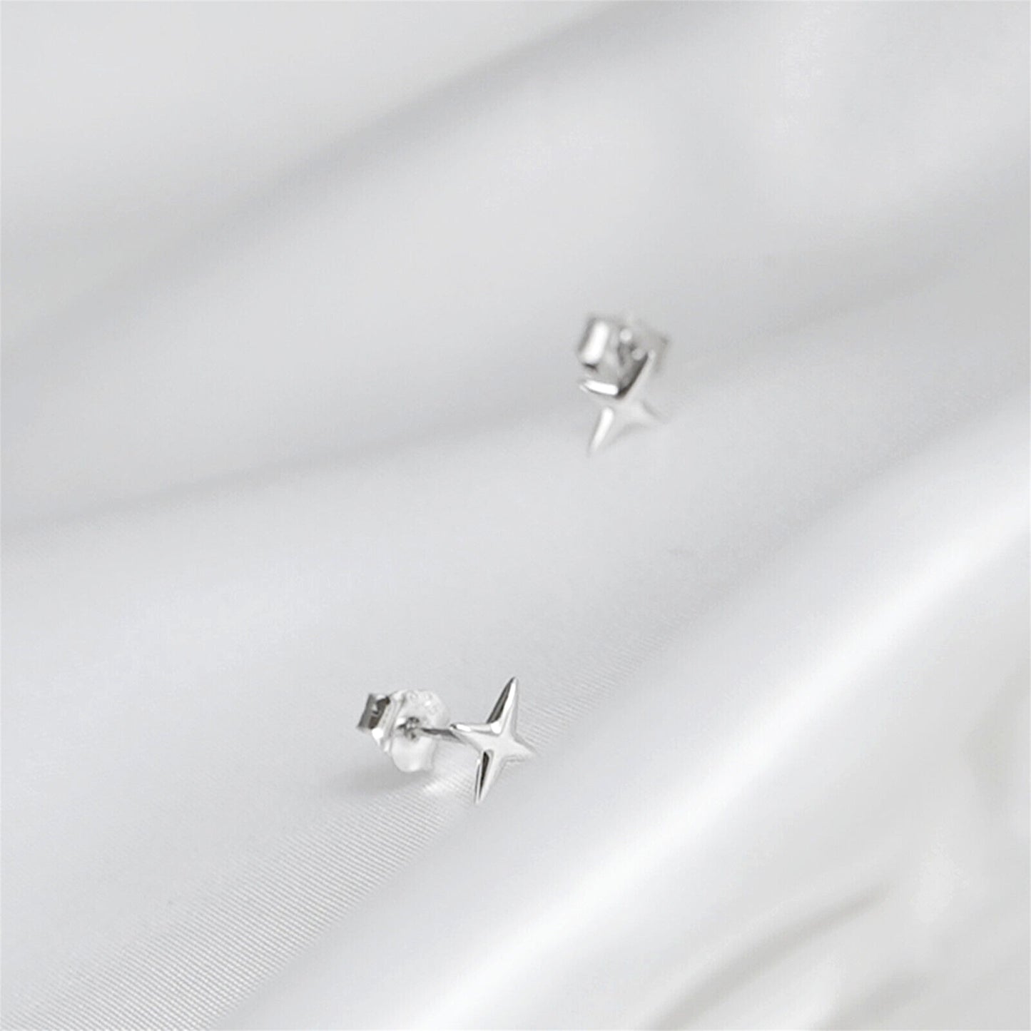 Sterling Silver 4 Pointed Star Cross Unisex Stud Earrings 2 Tones