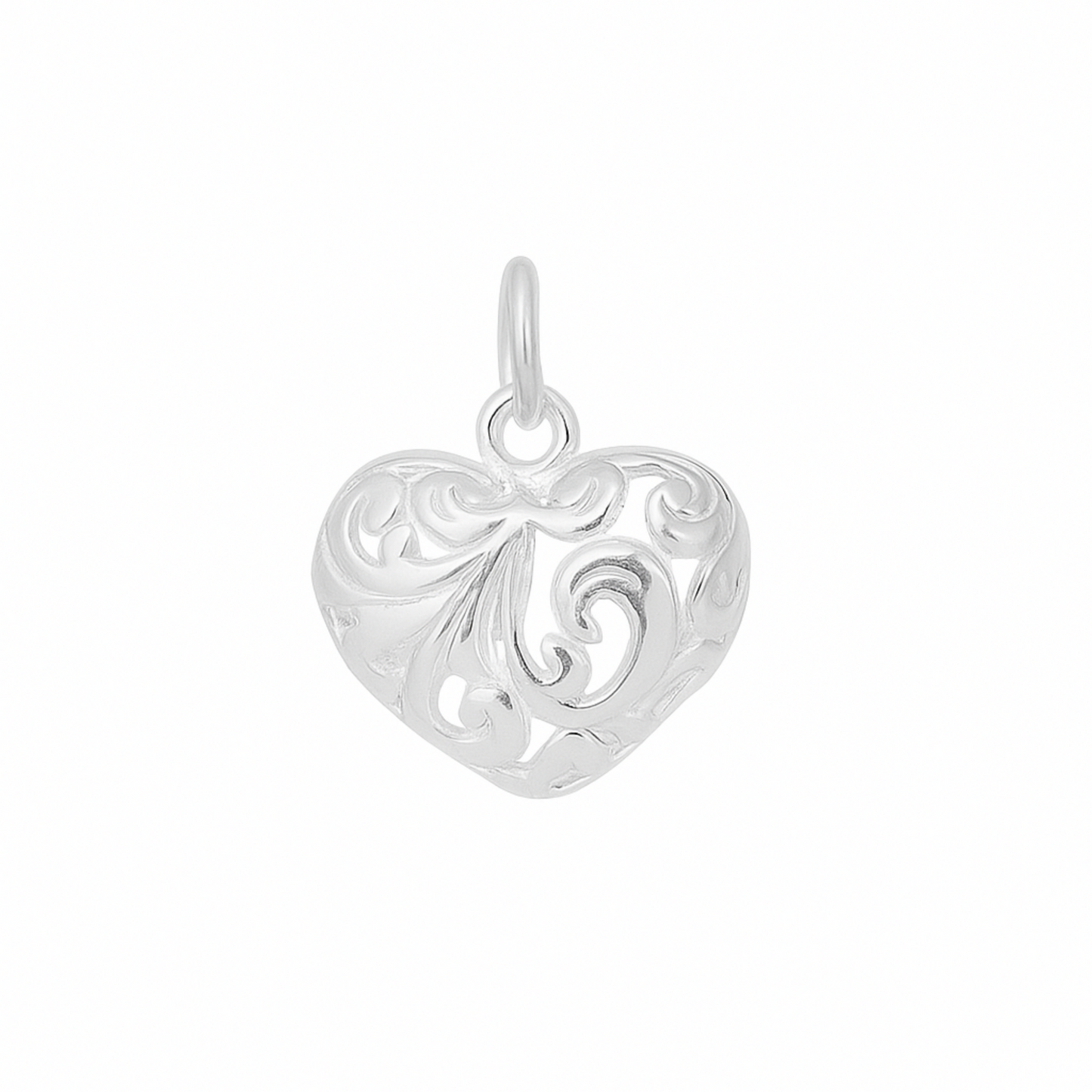 Sterling Silver Filigree Floral Puffy Double Sided Love Heart Pendant