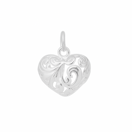 Sterling Silver Filigree Floral Puffy Double Sided Love Heart Pendant