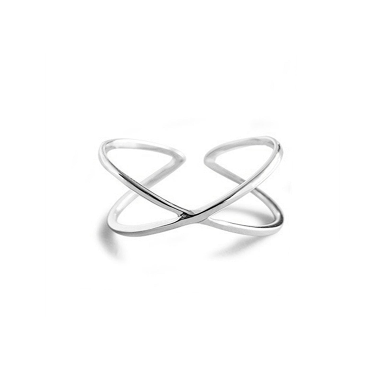 Silver criss-cross love knot ring with interwoven open bands.