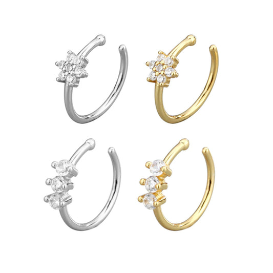 Sterling Silver Nose Ring Nose Hoop Cuff Earings Paved CZ Crystal Flower Three Stones 2 Tones - sugarkittenlondon