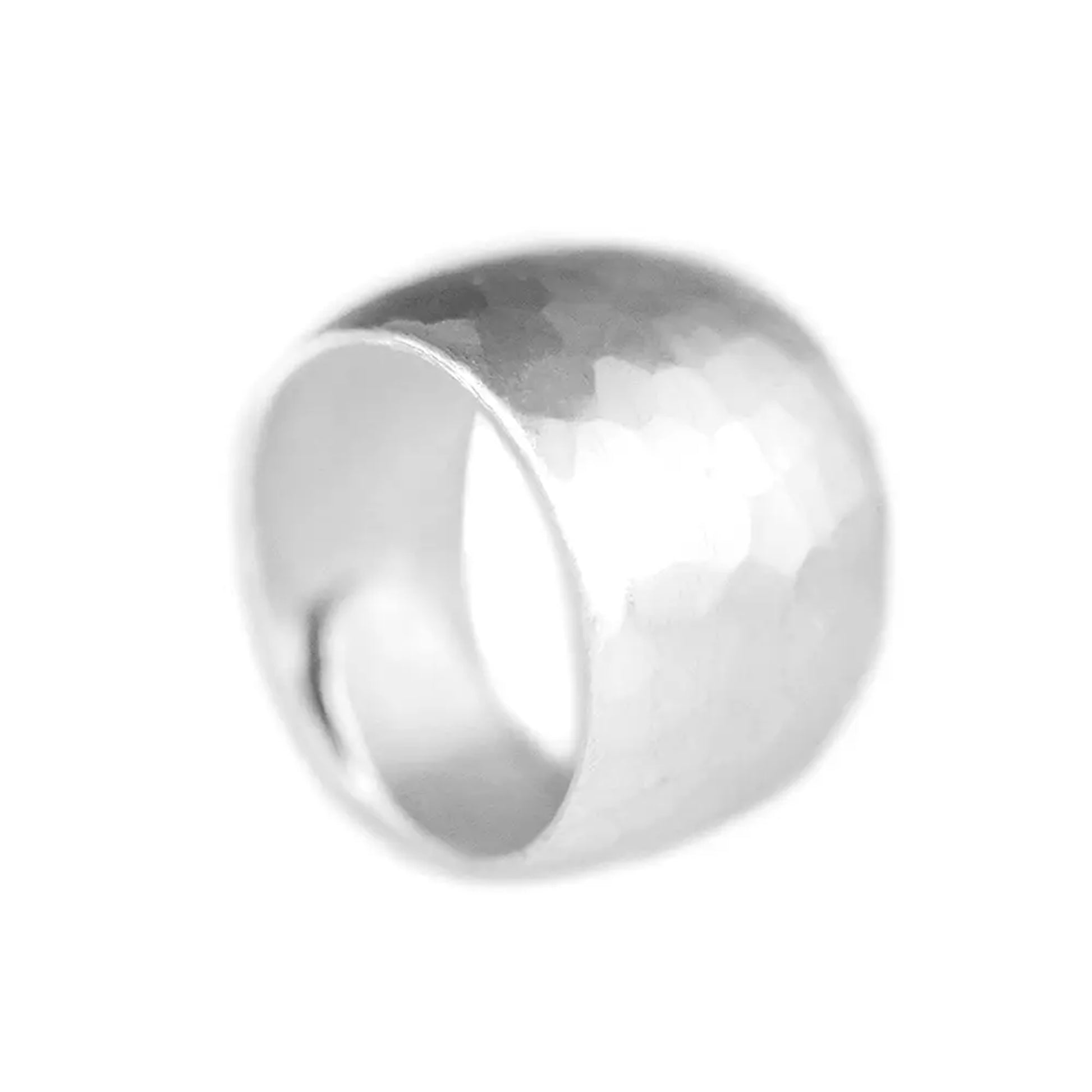 Hammered Wide Dome Ring, side view: wide band with hammered dome top, silver