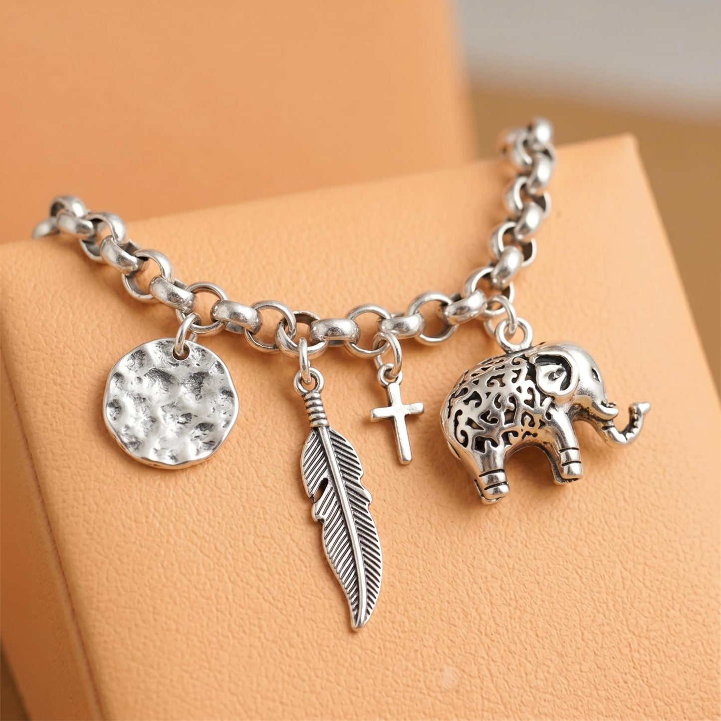 Sterling Silver Filigree 3D Elephant w Raised Trunk Pendant Charm
