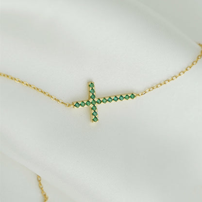18K Gold on Sterling Silver Green CZ Cross Pendant Necklace - sugarkittenlondon