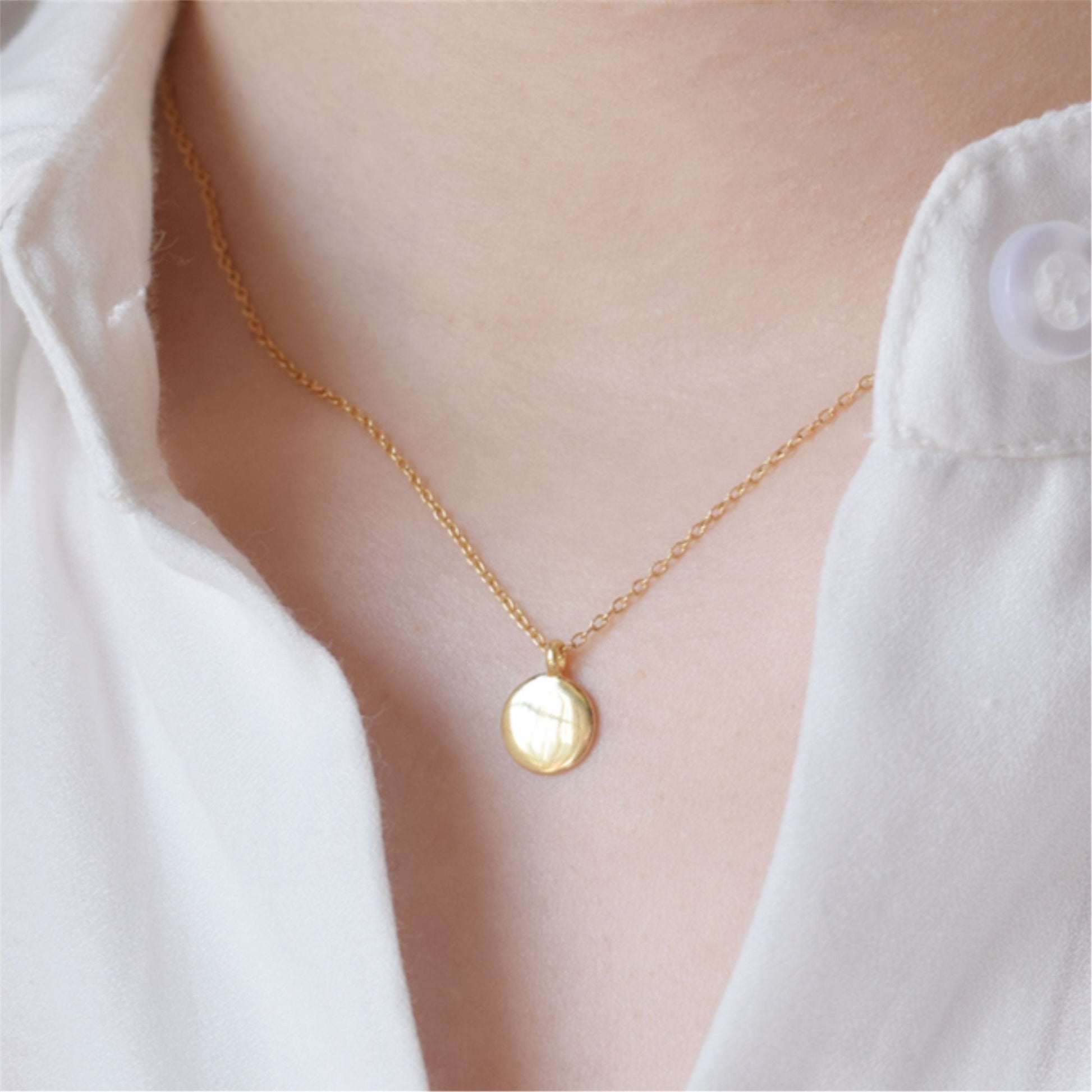 Sterling Silver Disc Necklace with Pebble Finish and Gold Plated Chain - sugarkittenlondon