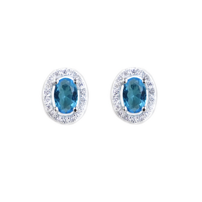 Sterling Silver Halo Stud Earrings Light Blue Aquamarine / Sapphire Blue / Ruby Red / Clear CZ 4mm x 6mm Main Stone