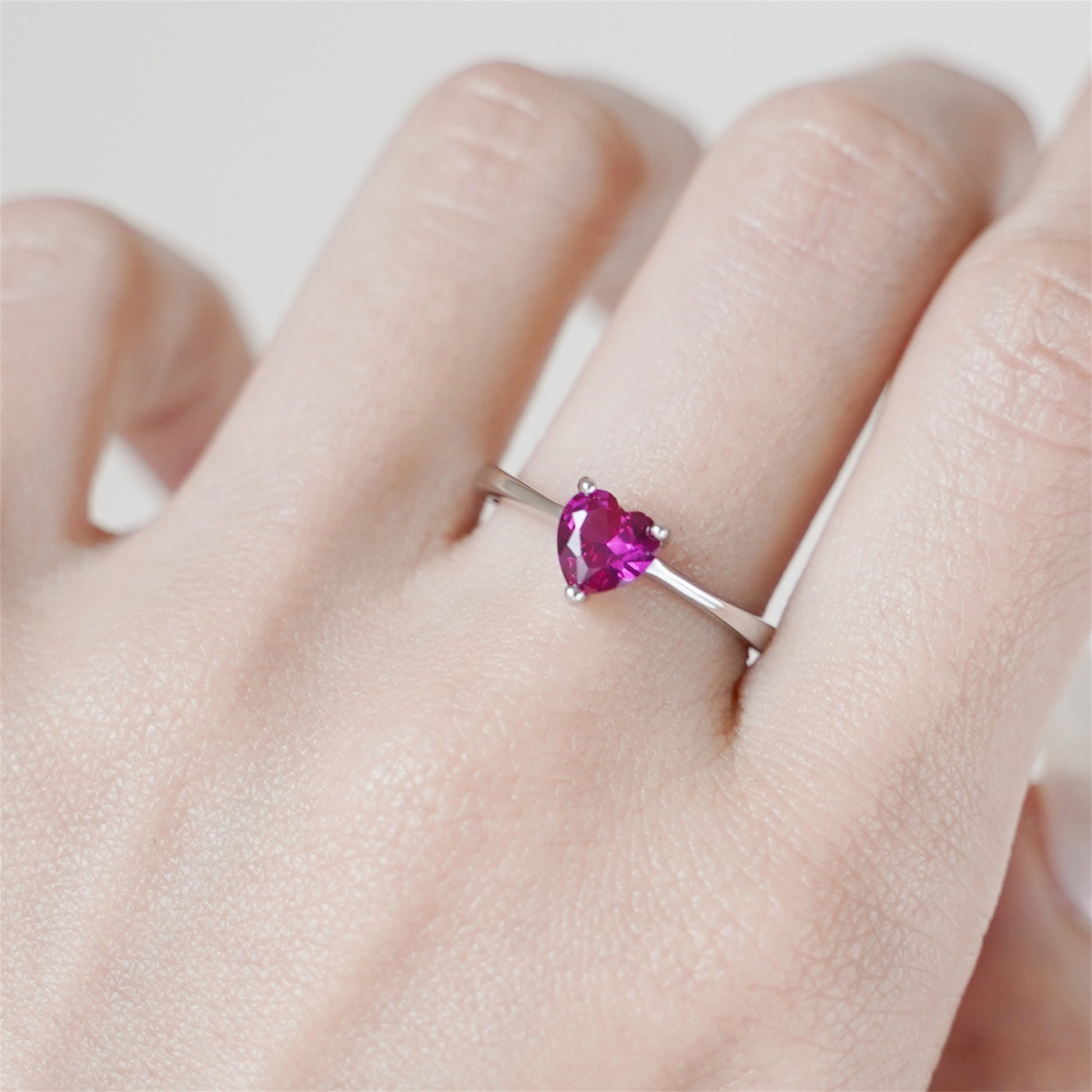 Rhodium on Sterling Silver Solitaire Heart Shaped Cut Magenta CZ Sizable Ring - sugarkittenlondon