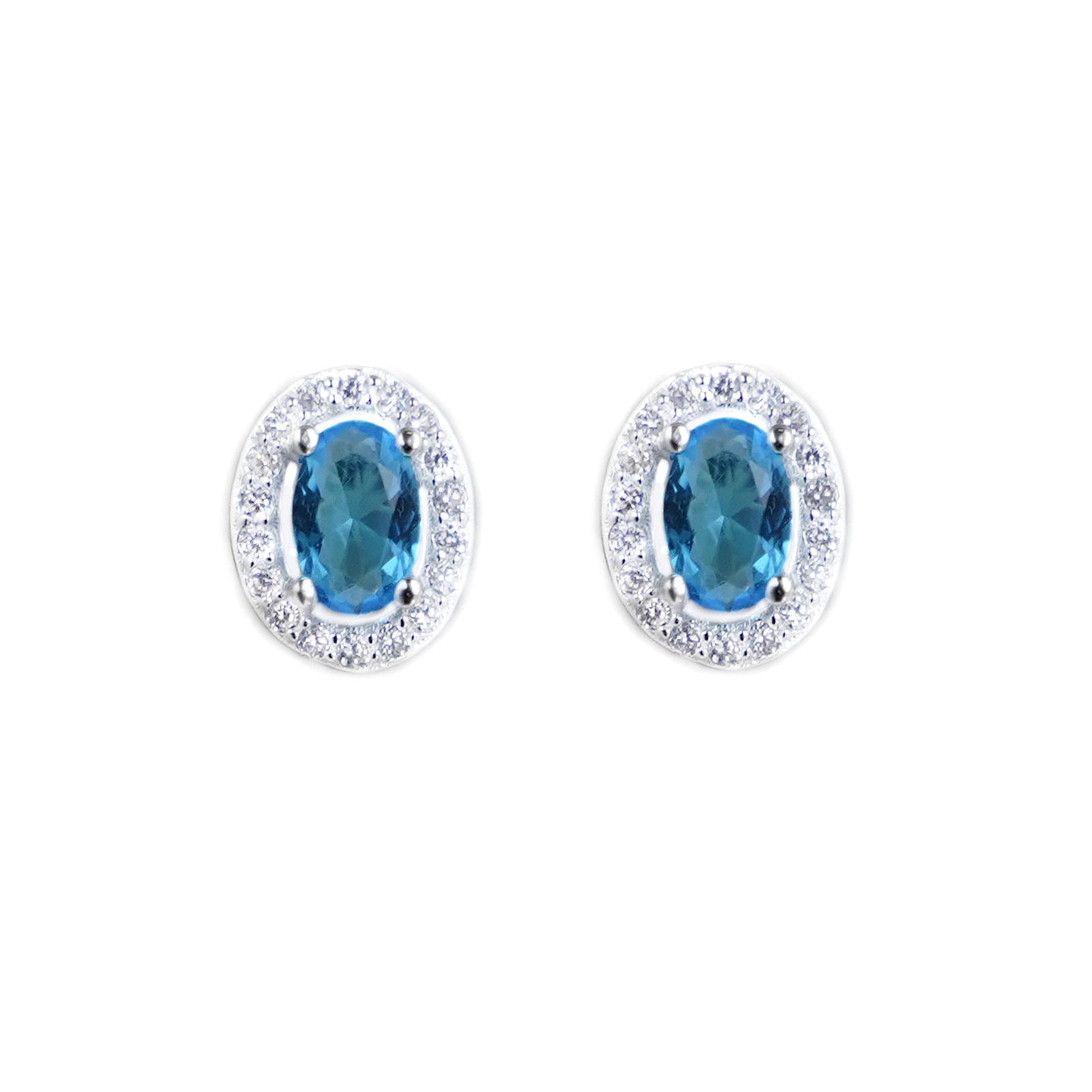 Sterling Silver Halo Earrings Blue Sapphire Red Ruby Light Blue Aquamarine Colour CZ Studs - sugarkittenlondon