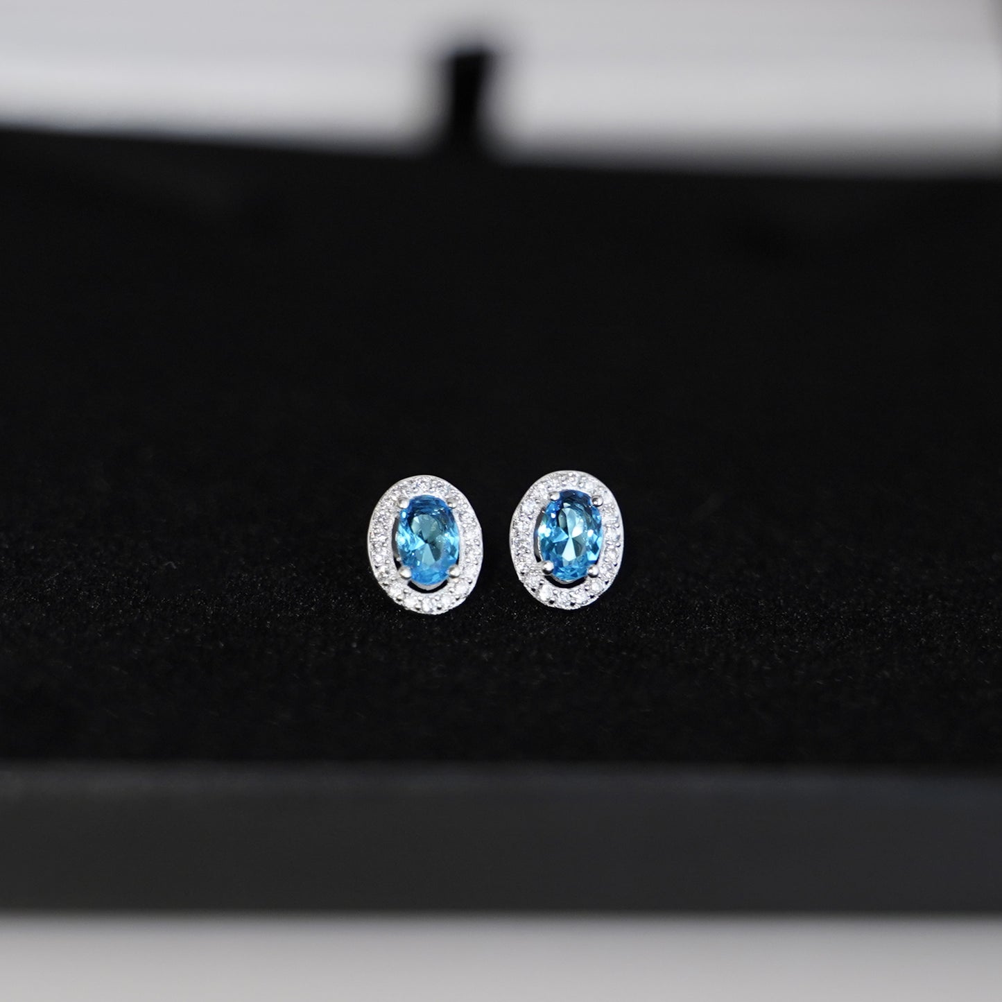 Sterling Silver Halo Stud Earrings Light Blue Aquamarine / Sapphire Blue / Ruby Red / Clear CZ 4mm x 6mm Main Stone