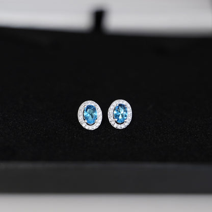 Sterling Silver Halo Stud Earrings Light Blue Aquamarine / Sapphire Blue / Ruby Red / Clear CZ 4mm x 6mm Main Stone