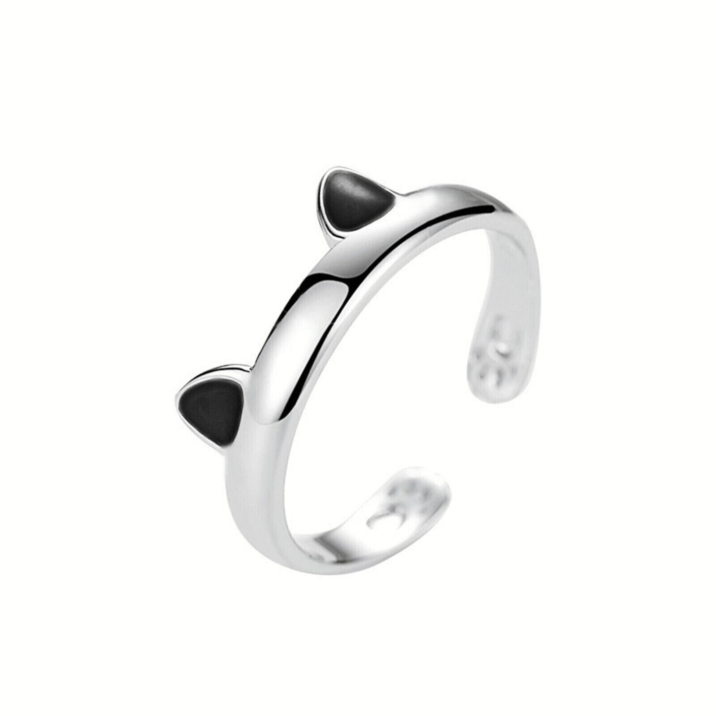 Silver-toned cat paw ring with black enamel accents, open band design