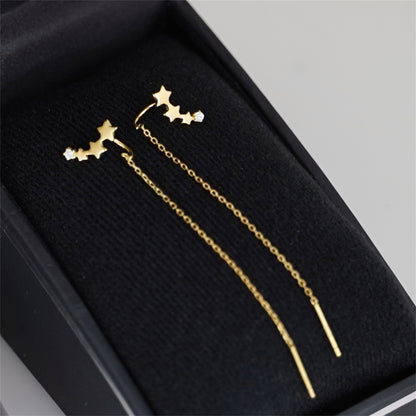 925 Sterling Silver CZ Chain Threader Earrings with Linked Stars in 2 Tones - sugarkittenlondon