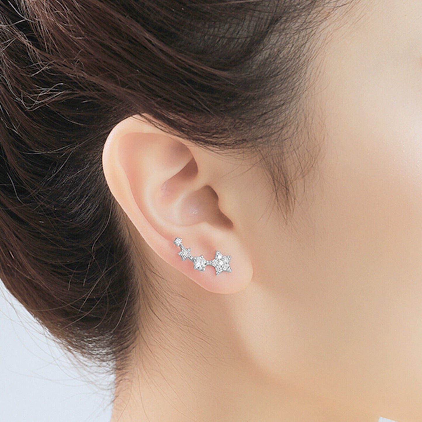 Rhodium on Sterling Silver Linked CZ Stars Climber Crawler Drop Stud Earrings - sugarkittenlondon