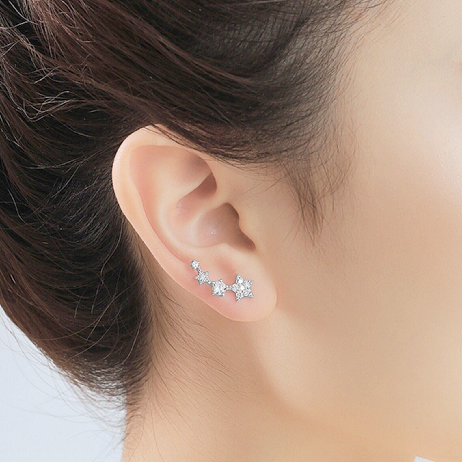 Rhodium on Sterling Silver Linked CZ Stars Climber Crawler Drop Stud Earrings - sugarkittenlondon