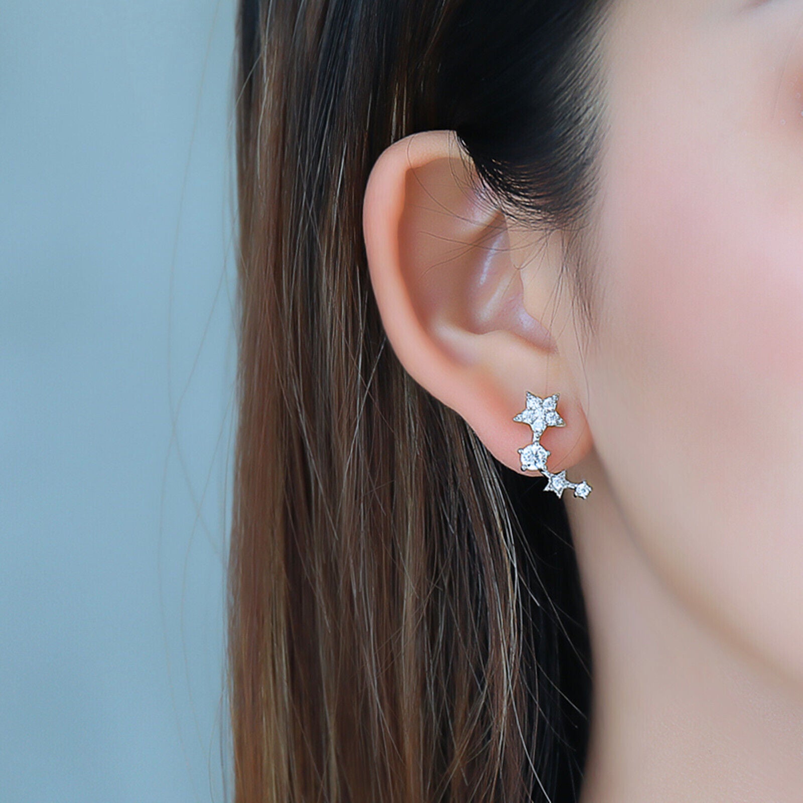 Rhodium on Sterling Silver Linked CZ Stars Climber Crawler Drop Stud Earrings - sugarkittenlondon