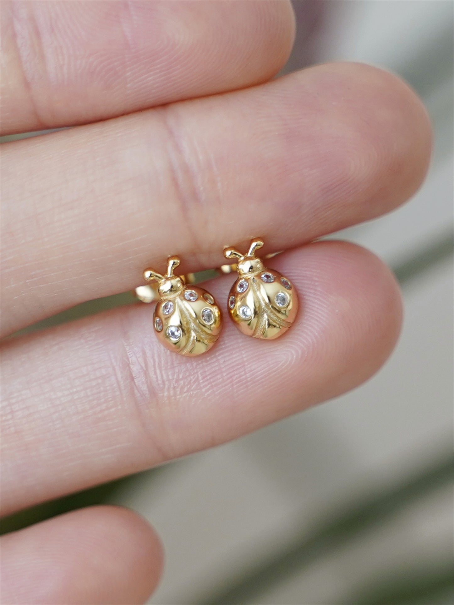 18K Gold on Sterling Silver Ladybird Stud Earrings with CZ
