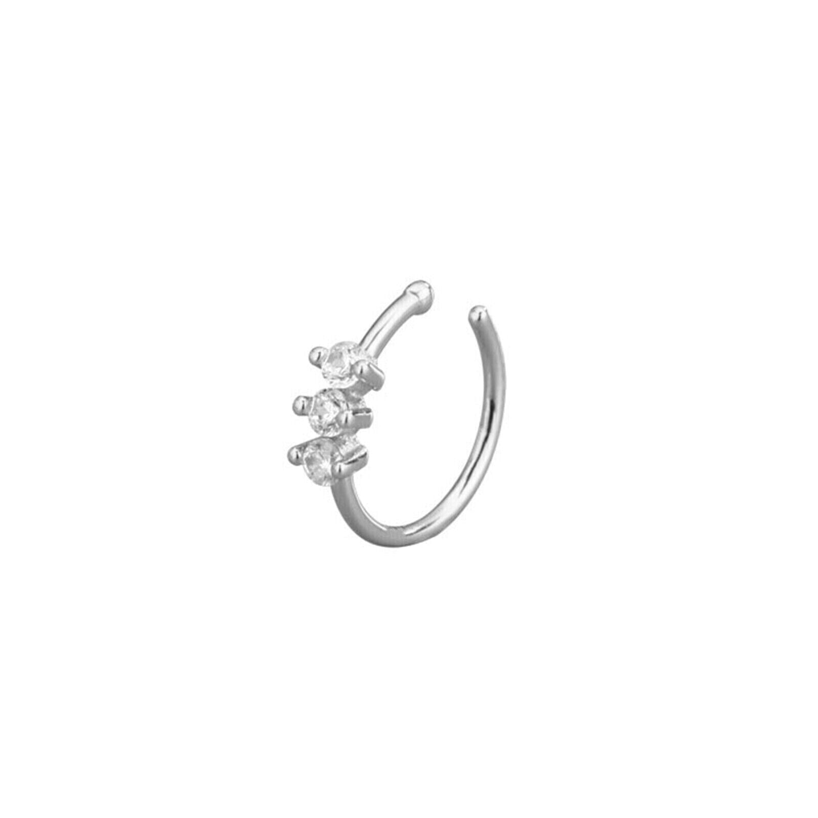 Sterling Silver Nose Ring Nose Hoop Cuff Earings Paved CZ Crystal Flower Three Stones 2 Tones - sugarkittenlondon