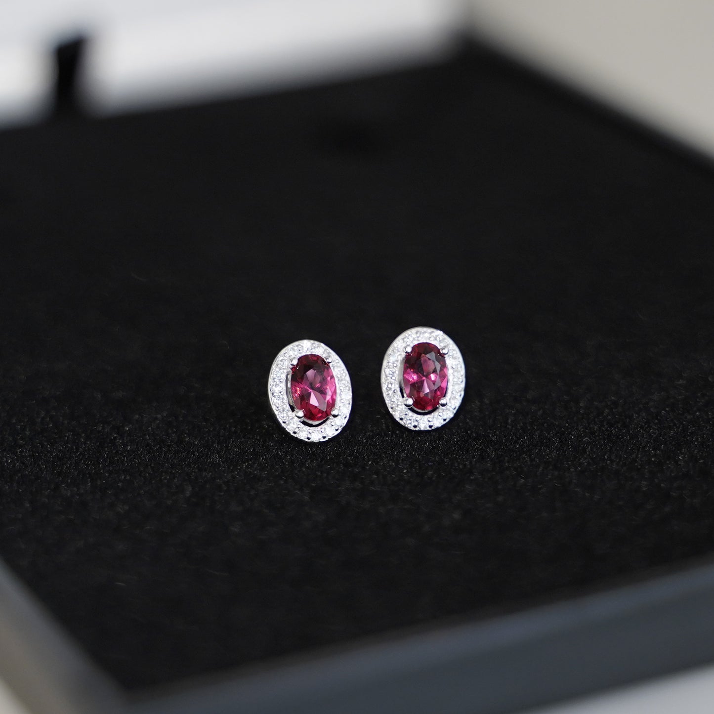Sterling Silver Halo Stud Earrings Light Blue Aquamarine / Sapphire Blue / Ruby Red / Clear CZ 4mm x 6mm Main Stone