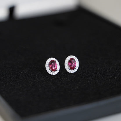 Sterling Silver Halo Stud Earrings Light Blue Aquamarine / Sapphire Blue / Ruby Red / Clear CZ 4mm x 6mm Main Stone