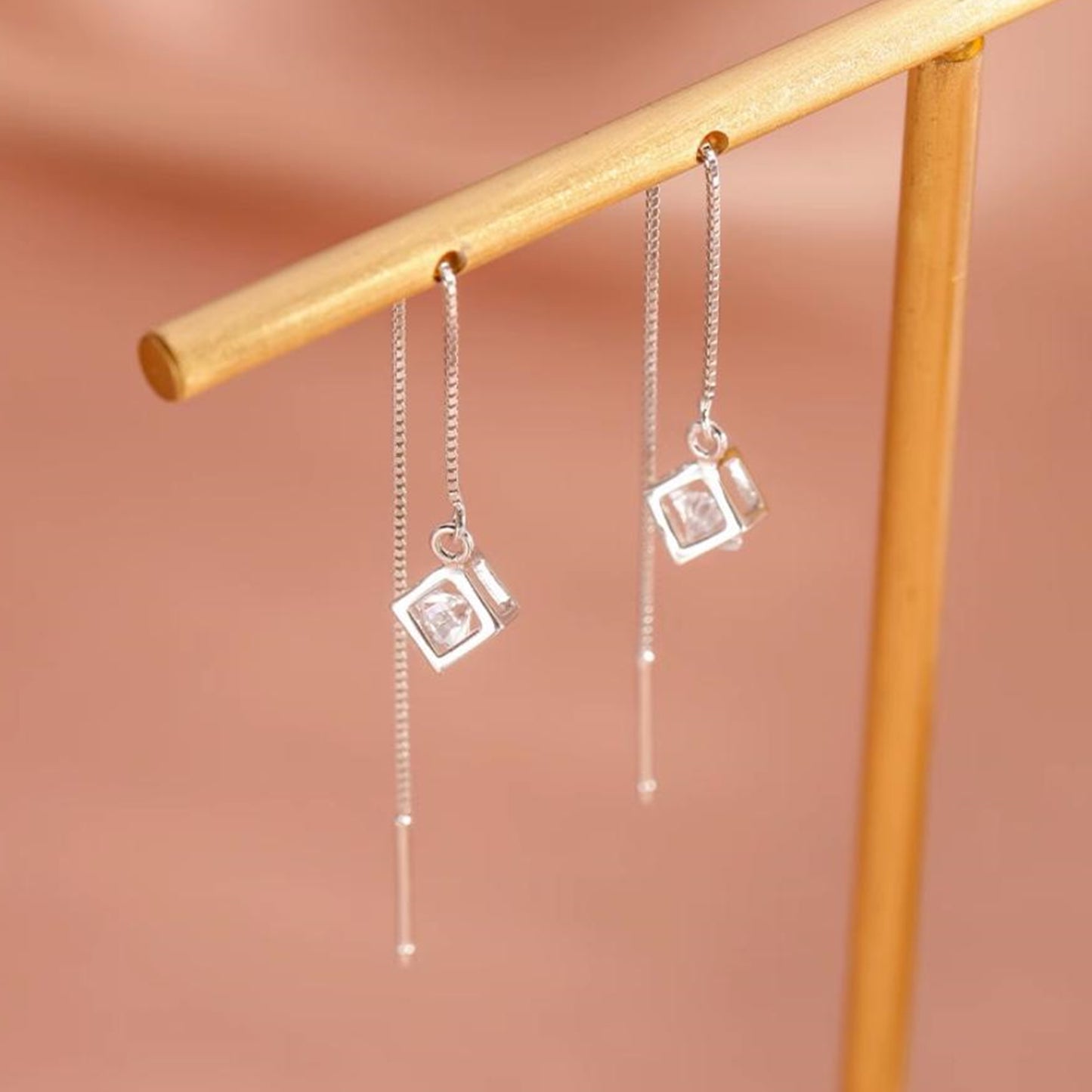 Cube CZ Dangle Theader Earrings with Sterling Silver Posts and Backs - sugarkittenlondon