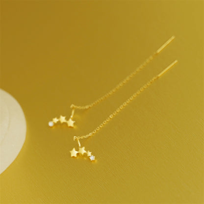 925 Sterling Silver CZ Chain Threader Earrings with Linked Stars in 2 Tones - sugarkittenlondon