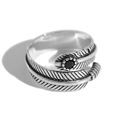 Feather Wrap Ring Black CZ Oxidised