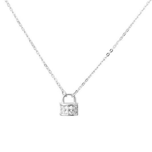 Sterling Silver Padlock Charm Pendant Necklace with Cubic Zirconia - sugarkittenlondon