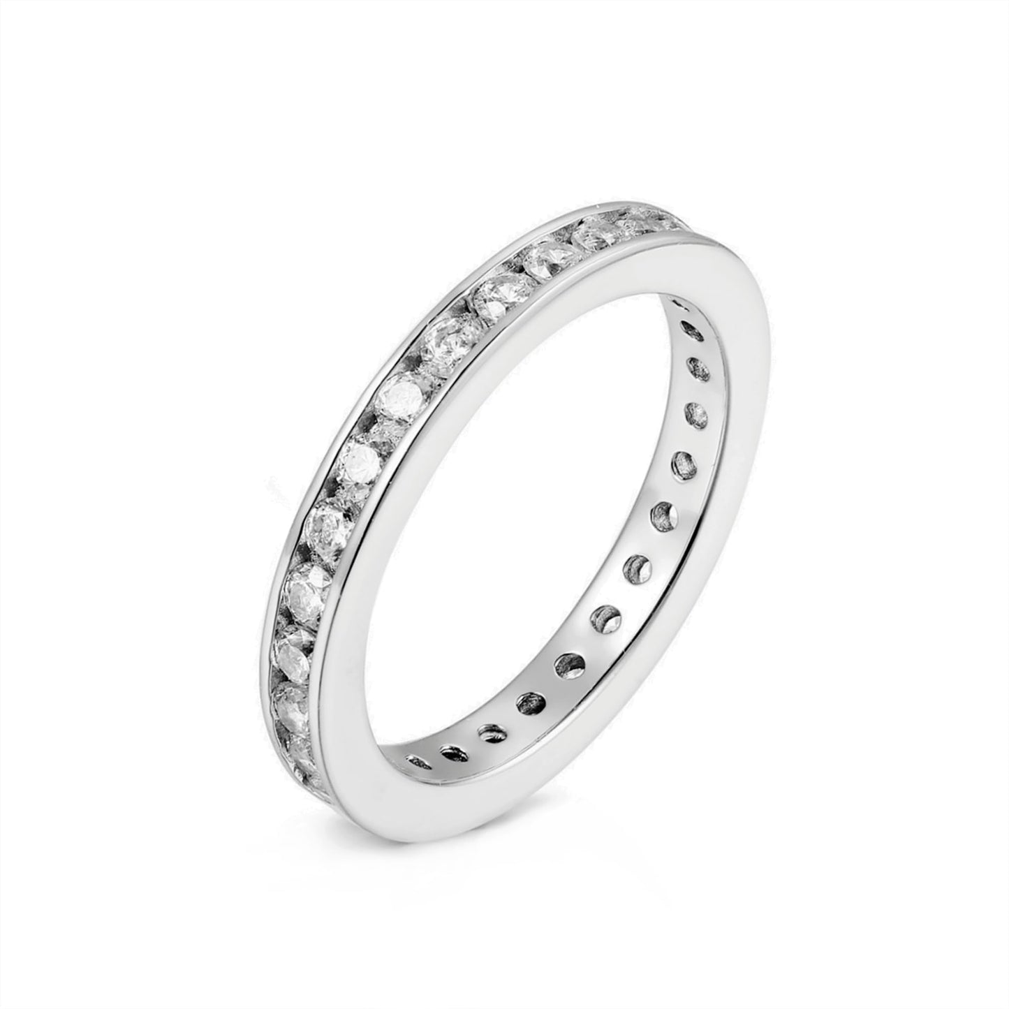 Channel-set eternity ring with clear round stones on a silver band, side view