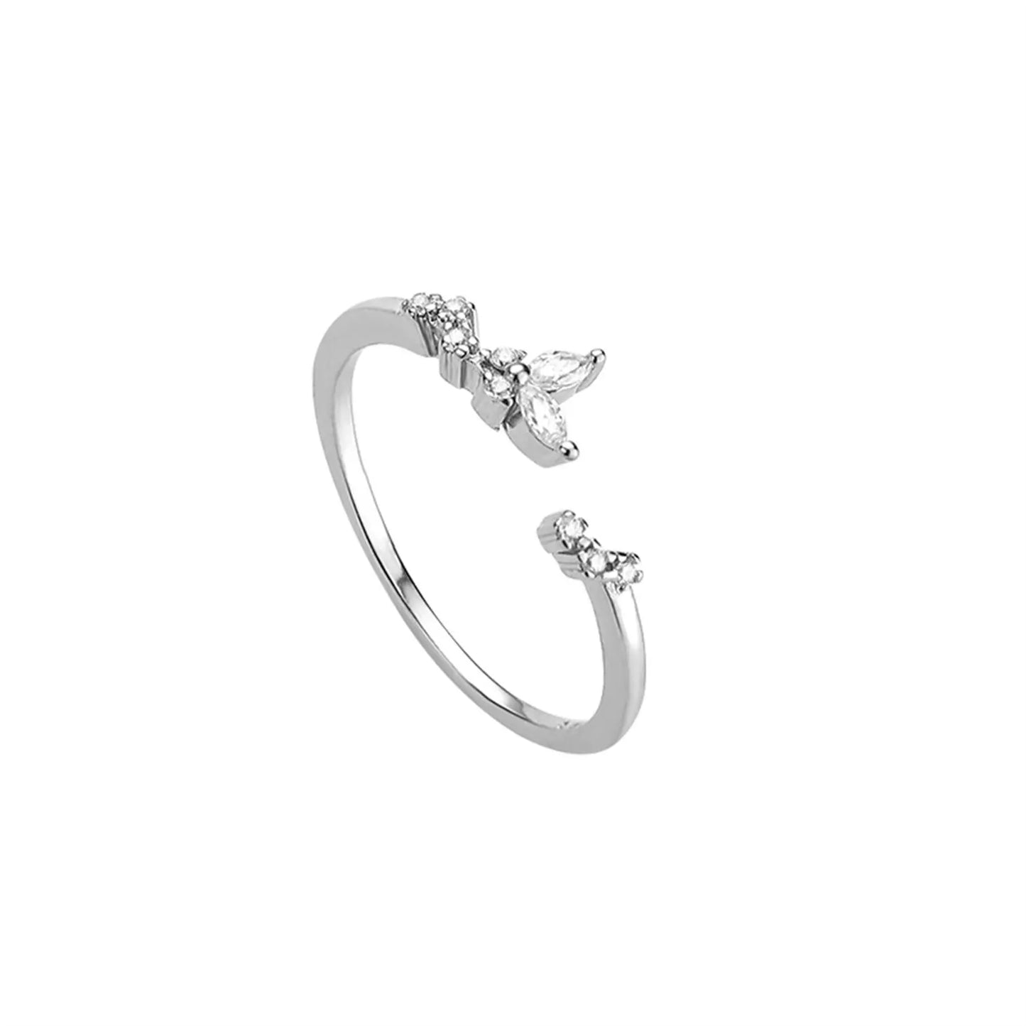 Silver CZ butterfly ring with two butterfly stones on curved band