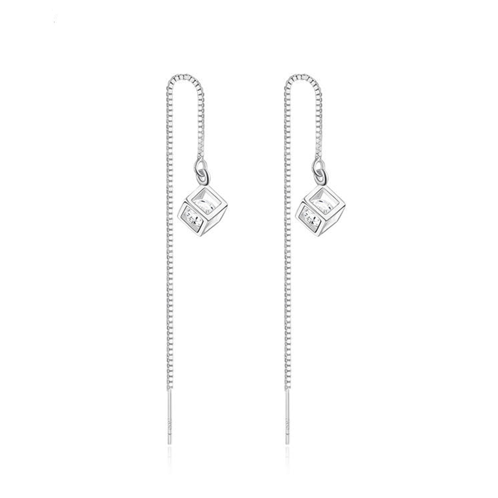 Cube CZ Dangle Theader Earrings with Sterling Silver Posts and Backs - sugarkittenlondon