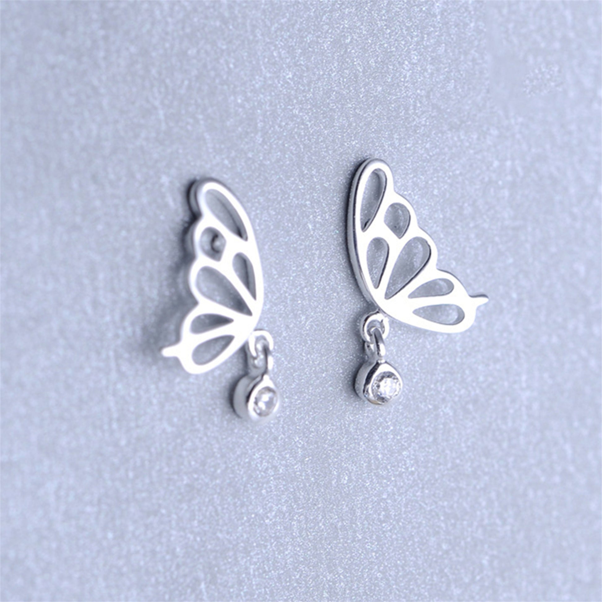 925 Sterling Silver Butterfly Wing Stud Earrings with CZ Drop Dangle - sugarkittenlondon