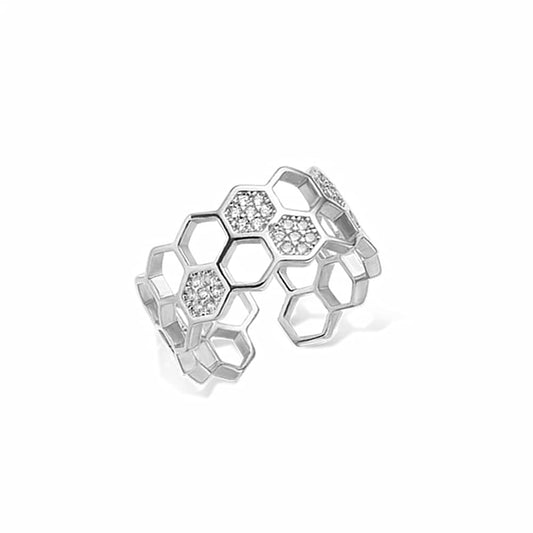 Sterling Silver Beehive Paved CZ Double Layer Open Band Wrap Ring