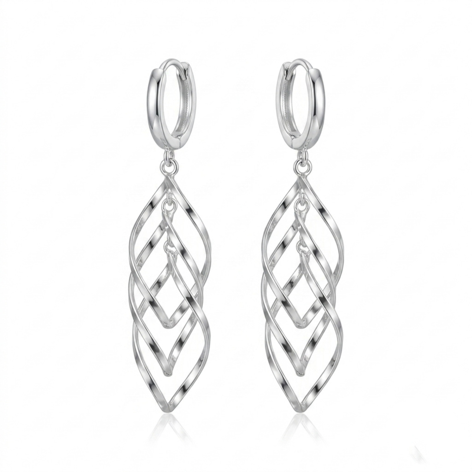 Silver-tone long hoop earrings with dangling overlapping lattice links