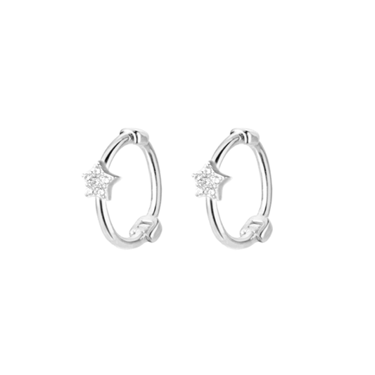 Sterling Silver Star CZ Hinged 9mm Hoop Huggie Earrings