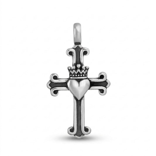 Sterling Silver Oxidised Fleury Claddagh Cross Pendant Heart Crown Love Symbol